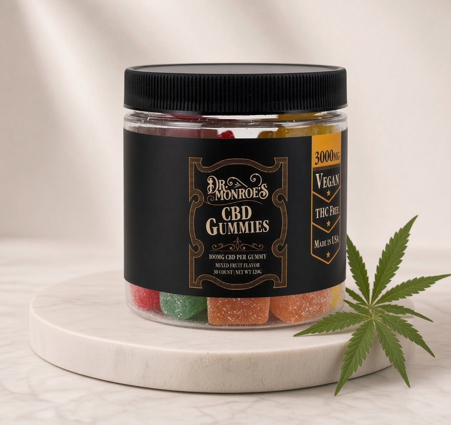 Jar of Dr. Monroe's 3000 MG CBD Gummies on a marble pedestal with a hemp leaf