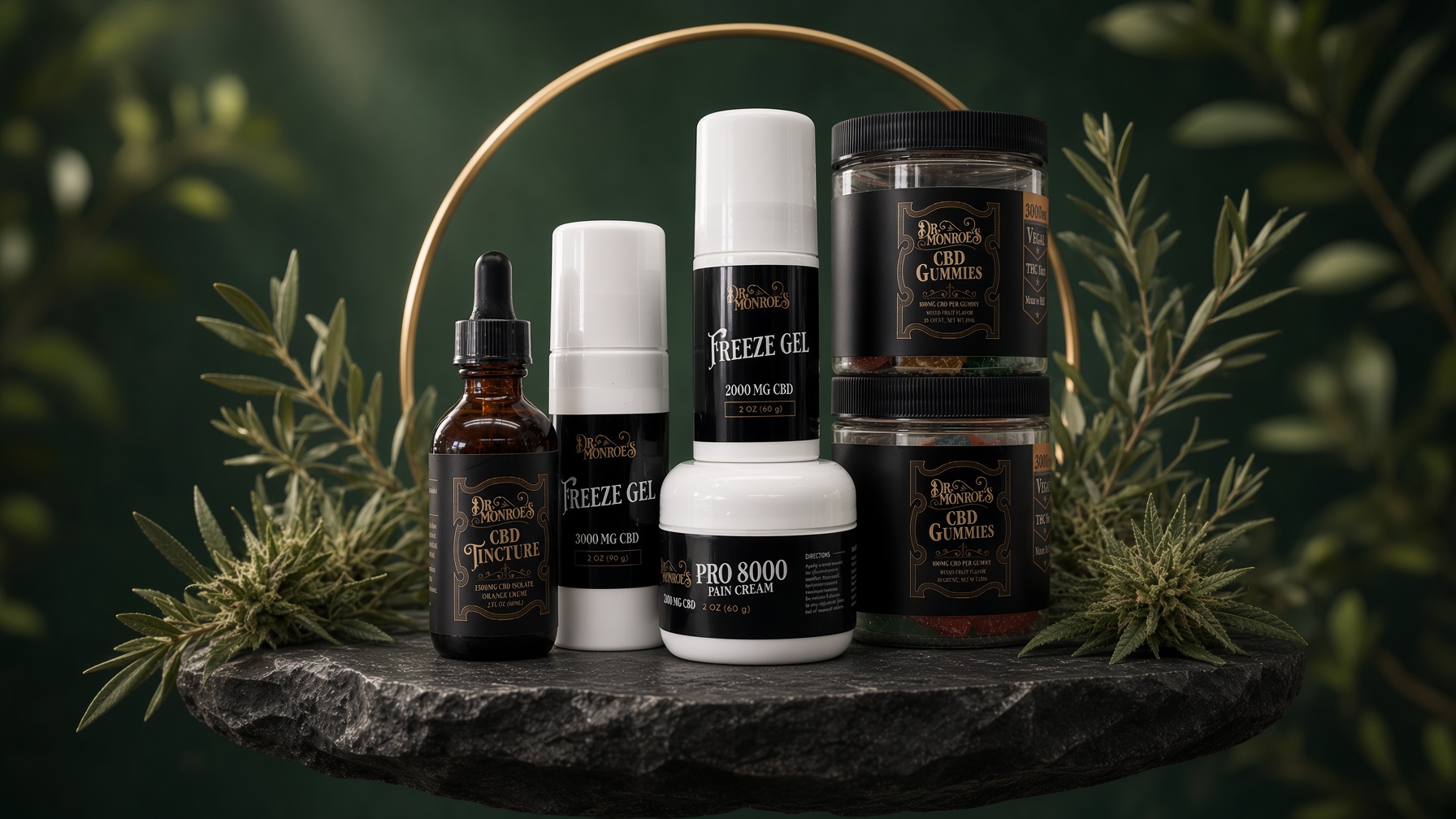 Dr. Monroe's product line on dark stone in front of a gold ring, framed by greenery
