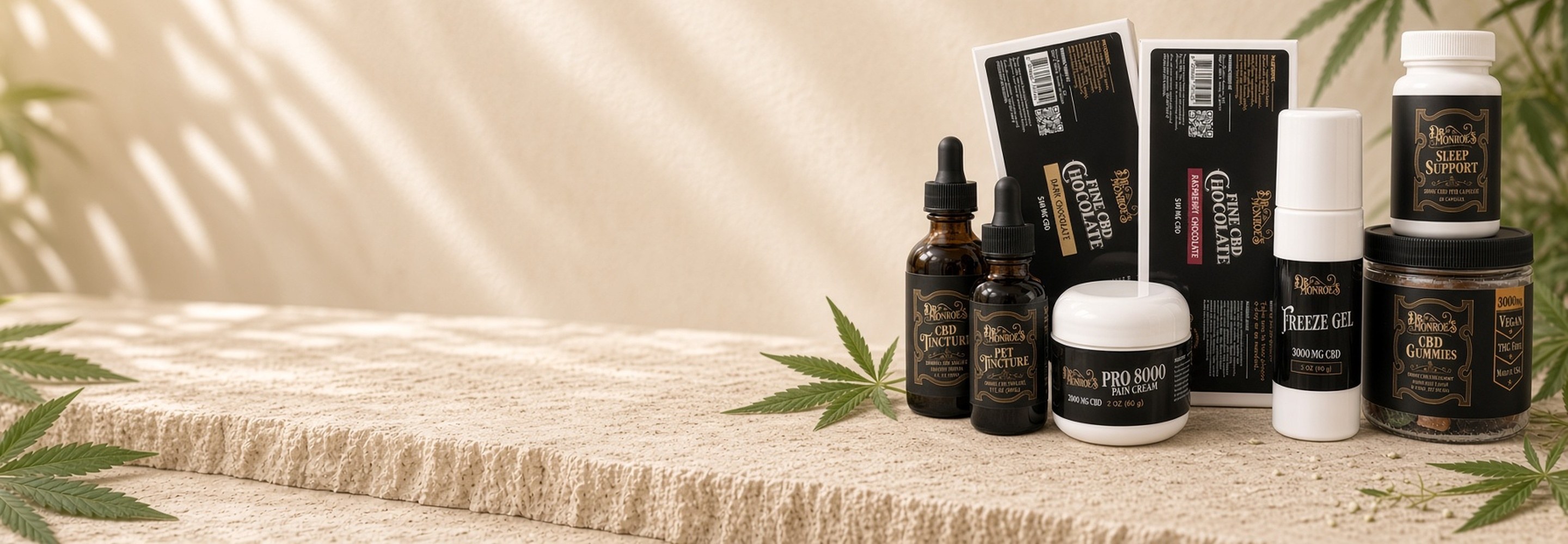 Dr. Monroe's tinctures, Pro 8000, Freeze Gel and CBD Gummies on a stone ledge with hemp leaves