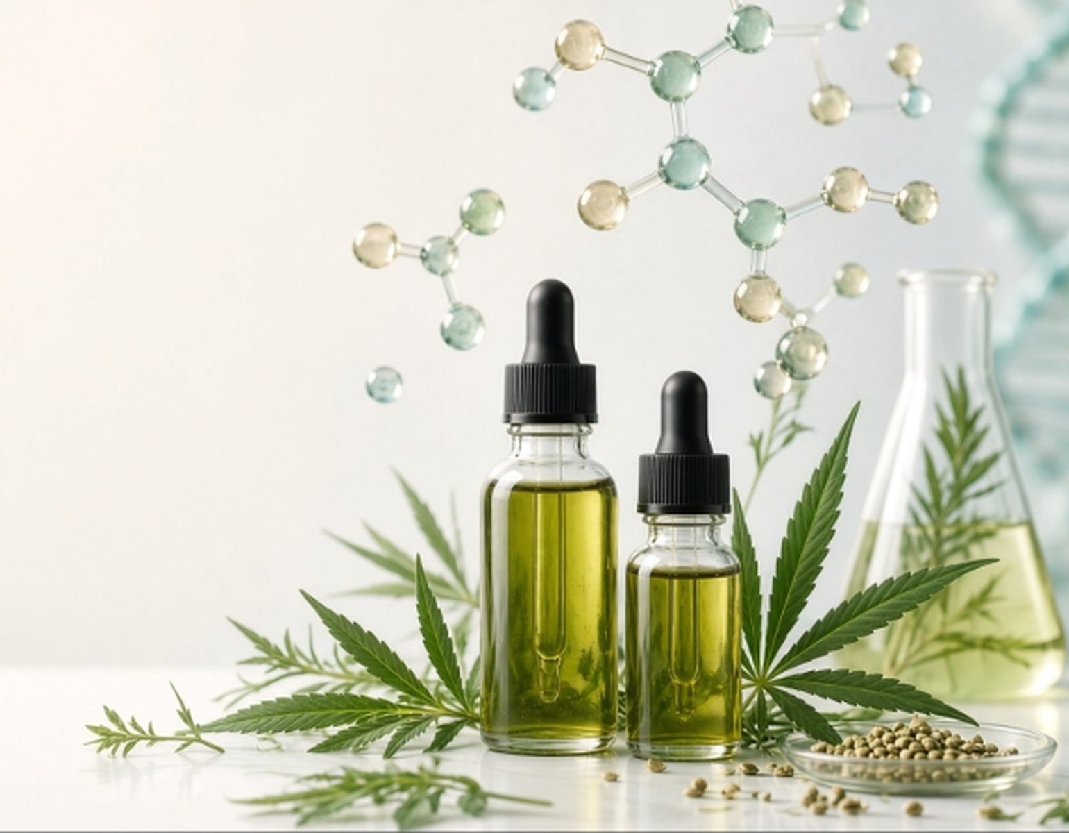 CBD oil dropper bottles with hemp leaves, seeds and lab glassware beside a molecule model